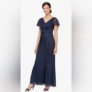 SLNY Sparkling Navy Maxi Gown w/ Slit And Gunmetal Beaded Accents sz 14